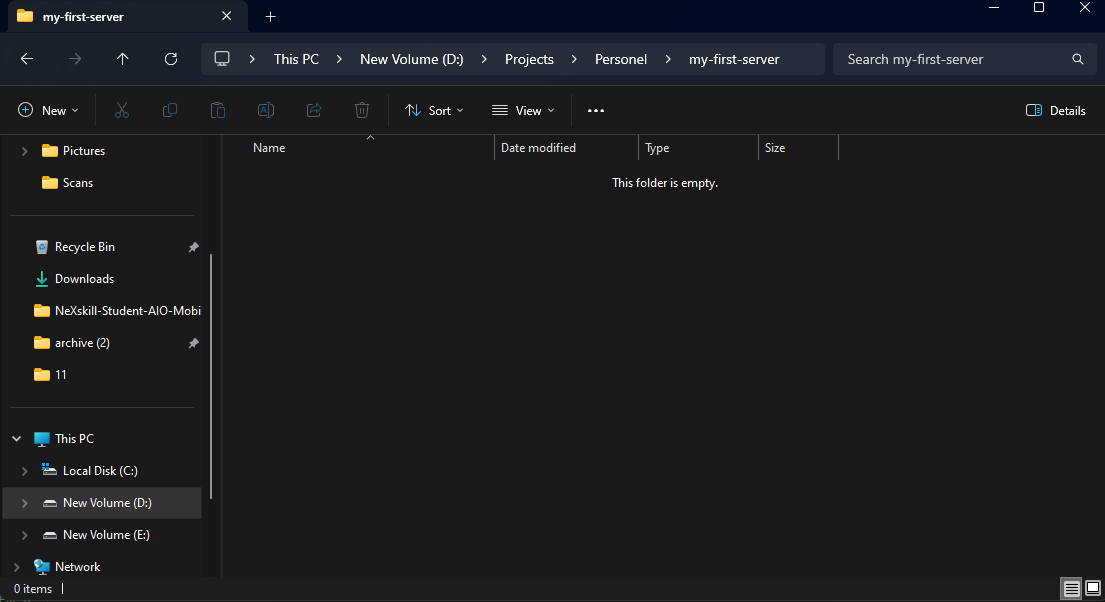Screenshot of an empty 'my-first-server' folder in file explorer