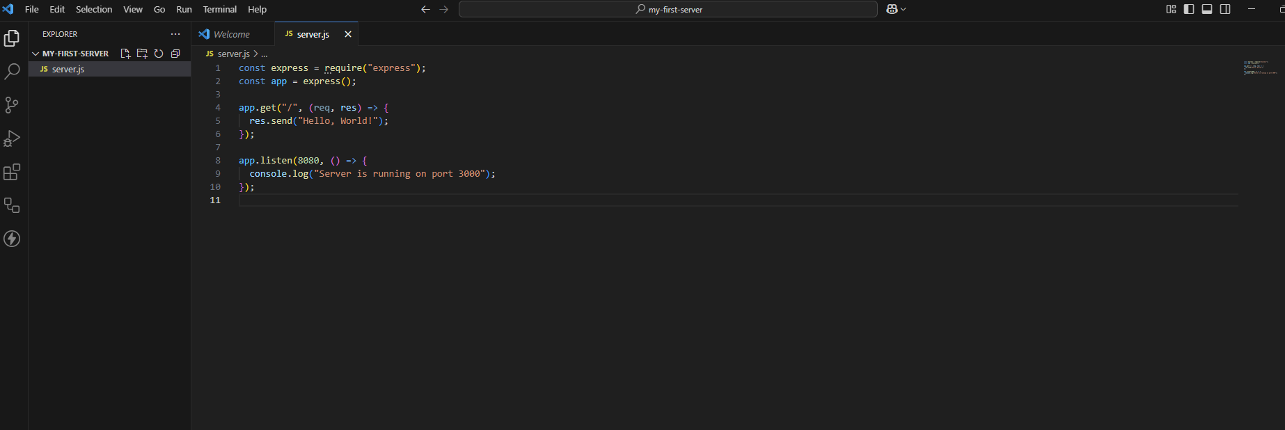 Screenshot of minimal Express.js server code in VS Code