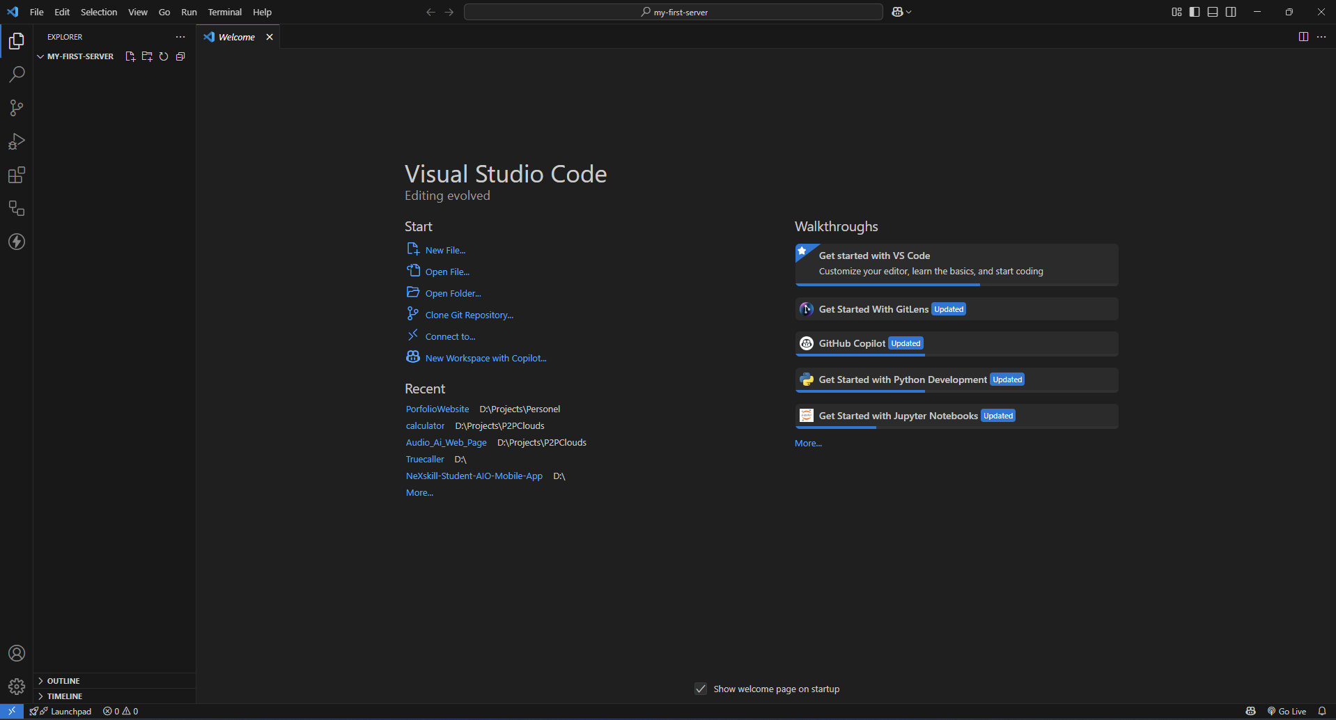 Screenshot of an empty 'my-first-server' folder opened in Visual Studio Code