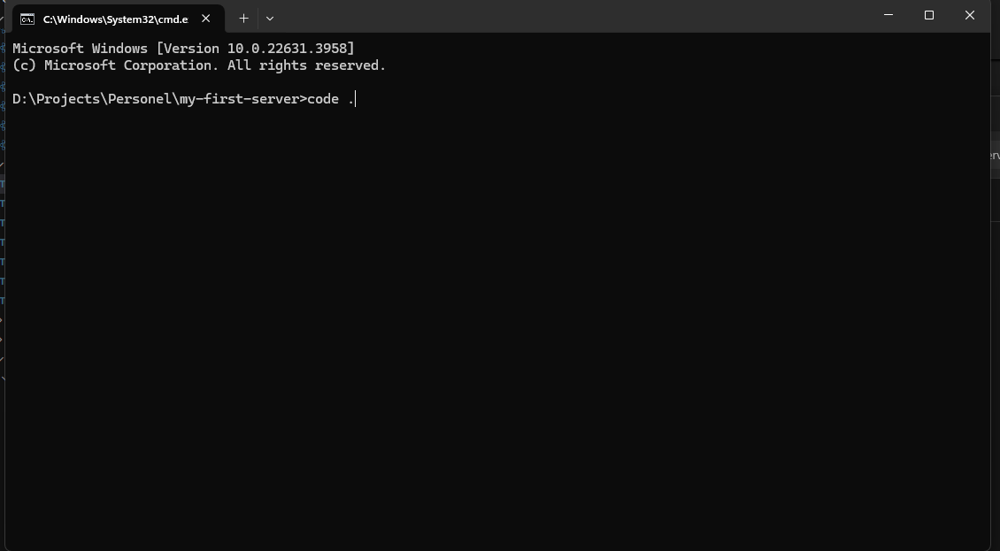 Command prompt showing 'code .' command typed in folder path