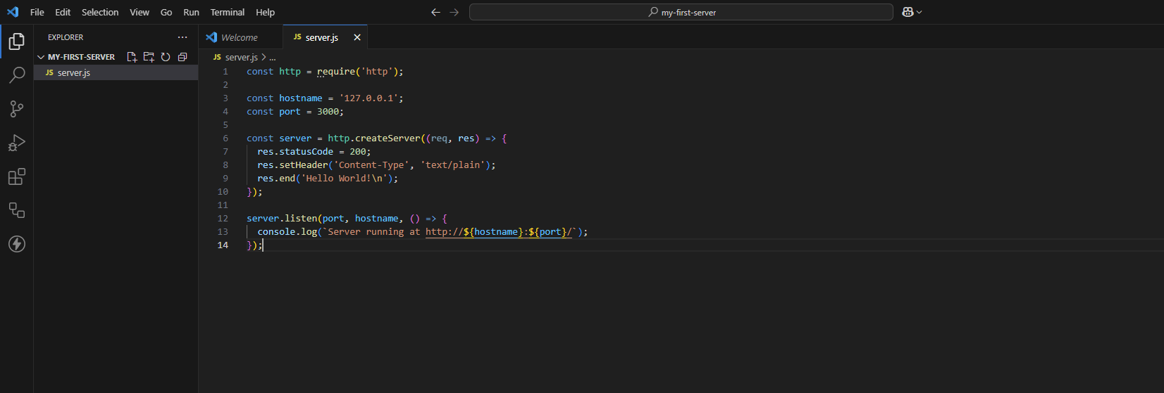 Screenshot of basic Node.js HTTP server code in app.js