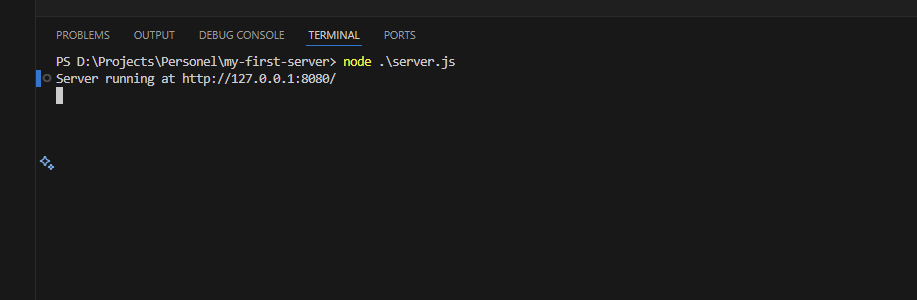 Terminal output showing 'Server running at http://127.0.0.1:8088/' after executing node app.js